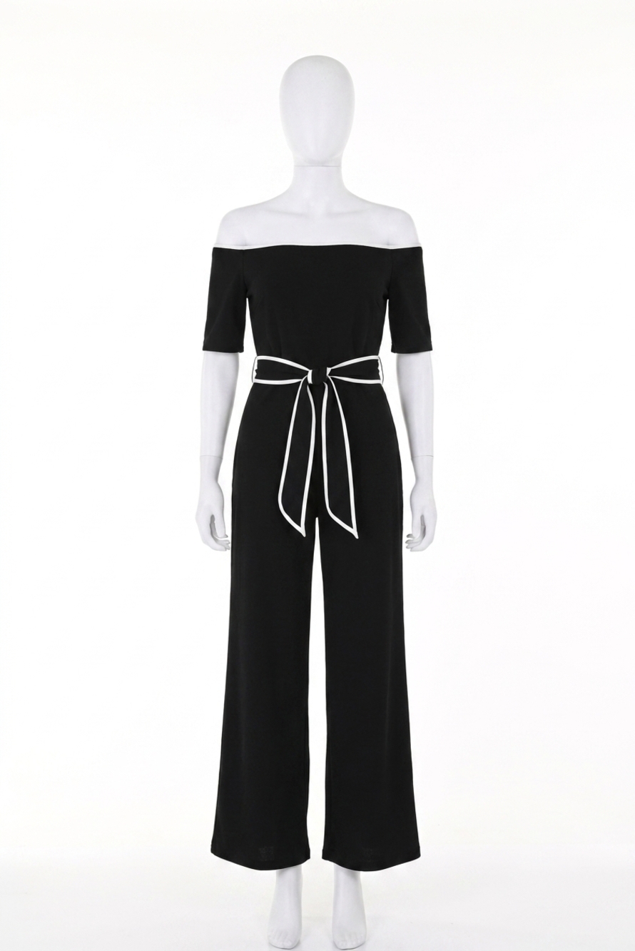 NEW FRANK LYMAN baez open shoulder jumpsuit in black off-white